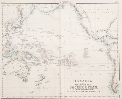 Oceania, or Islands in the Pacific Ocean, on Mercator's Projection, comprising
Polynesia, Malaysia and Australasia 1860